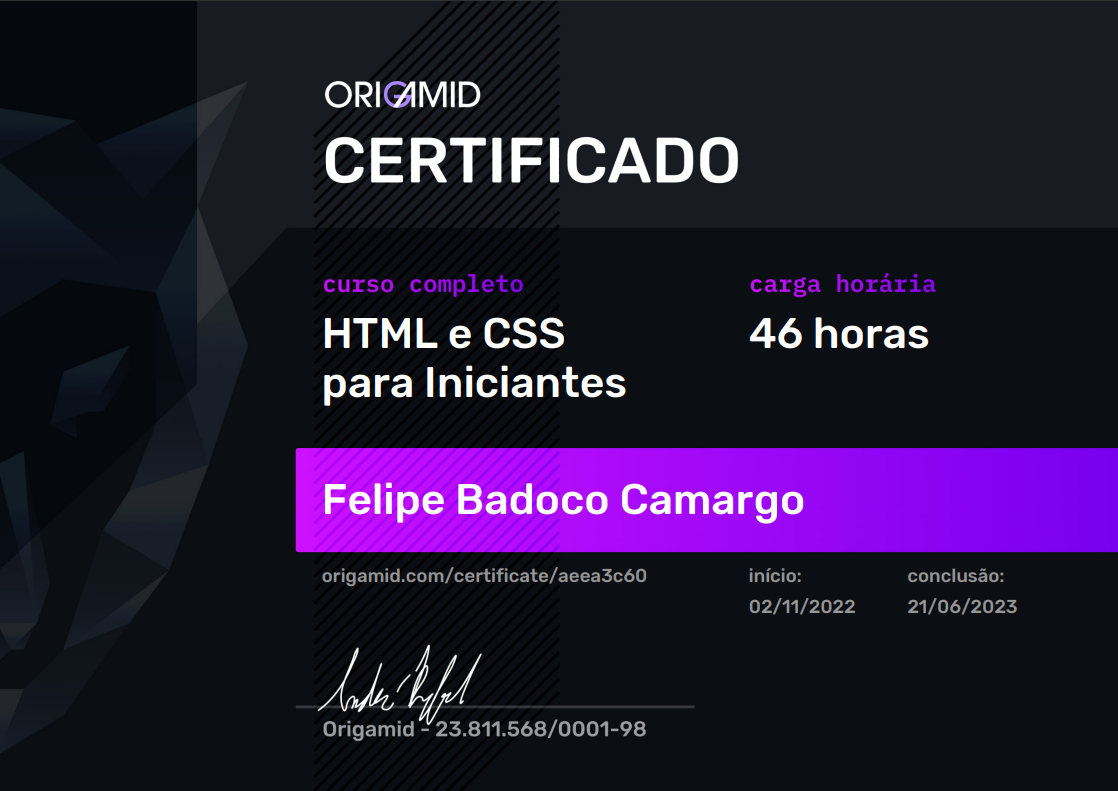 Imagem do Certificado de HTML e CSS